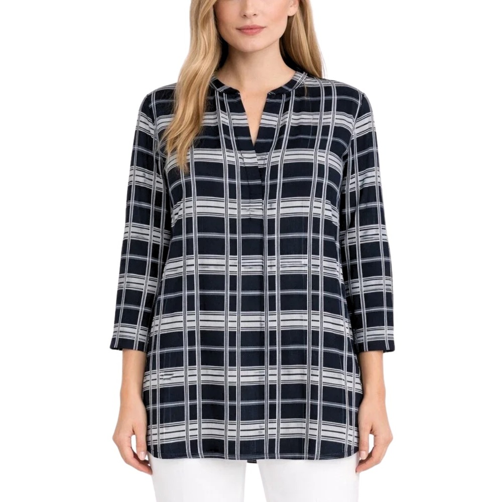 Theory Top Petite Black White Orvinio Element Plaid Cotton Silk Tunic Preppy